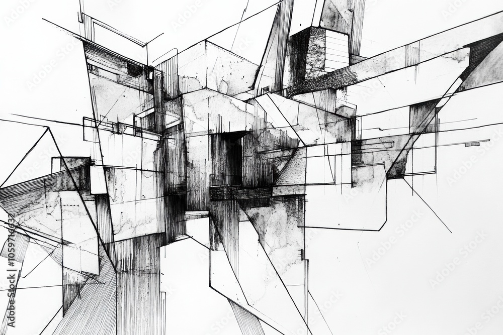 Poster this artwork presents a complex urban environment, filled with overlapping geometric forms and sharp