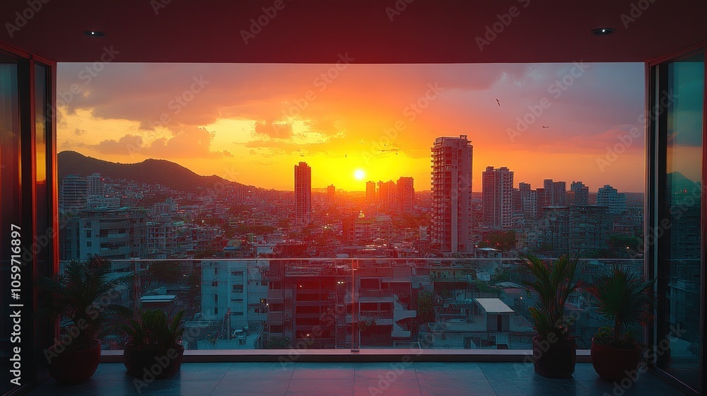 Poster sunset view from a balcony with city skyline and a hill in the background
