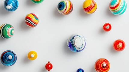 Brightly painted marbles and spinning tops on white background, festive theme with ample copy space