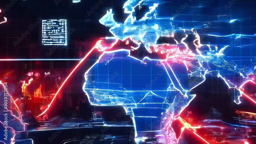 Poster a futuristic, digital world map with red lines showing global connections and data flow.