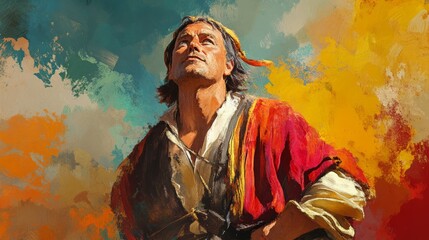 Fototapeta premium Heroic Portrait of a Brave Adventurer Surrounded by Vibrant Colors