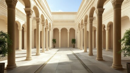 Classic courtyard with tall columns, ample copy space