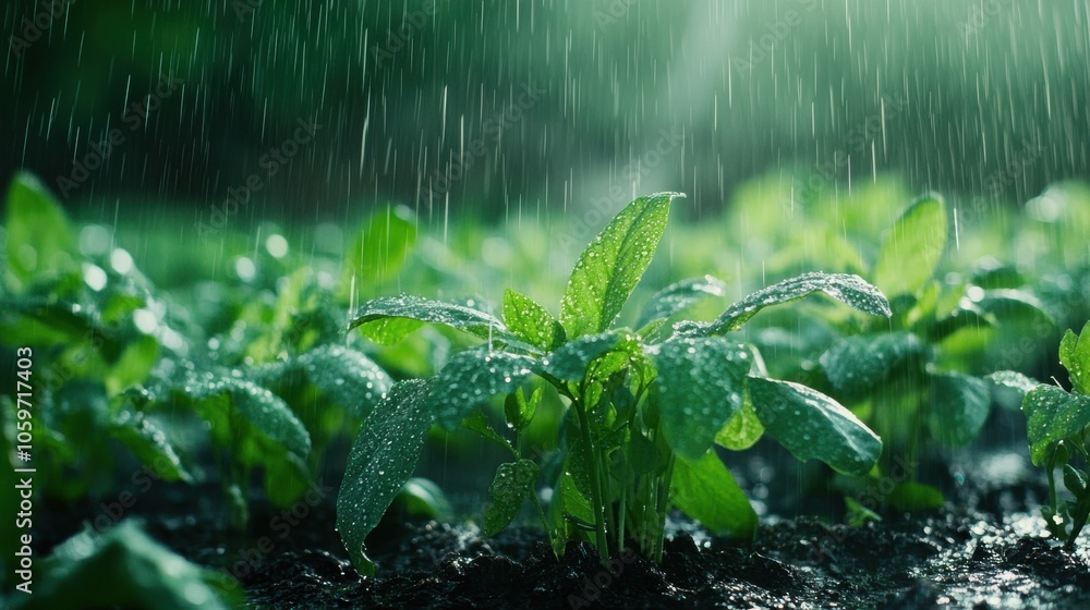 Poster light rain nourishes the vibrant vegetable garden, creating a refreshing atmosphere as droplets clin