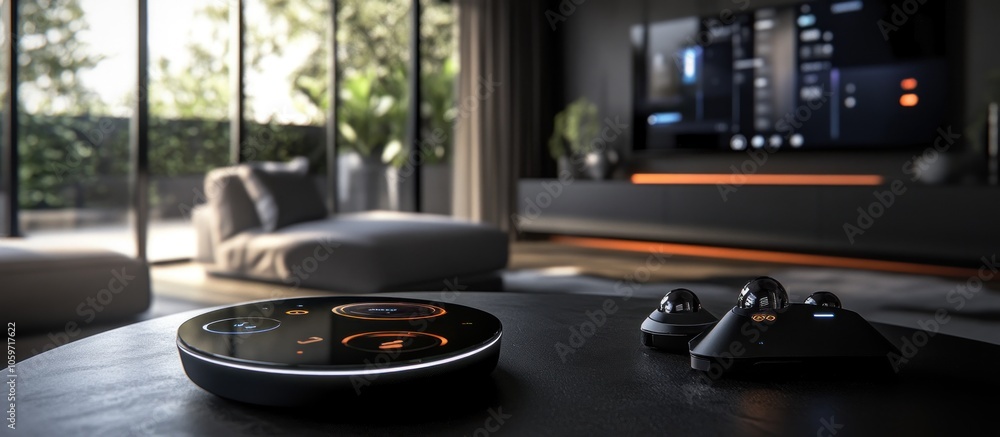 Aufkleber a modern smart home control system with a circular touch screen and two black controllers on a coffe