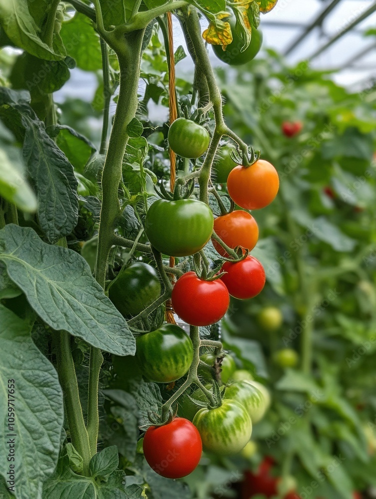 Poster fresh tomatoes hang from vines alongside vibrant cucumbers and peppers in a well-kept greenhouse fil