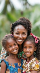 Fototapeta premium Joyful Family Portrait of a Mother with Two Daughters in Vibrant Traditional Clothing