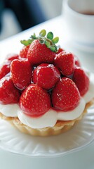 Delightful french style strawberry tart with cream and glazed fresh strawberries for spring desserts