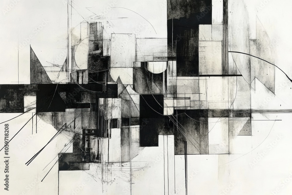 Fototapete the artwork showcases an intricate arrangement of geometric shapes in black ink, creating an abstrac