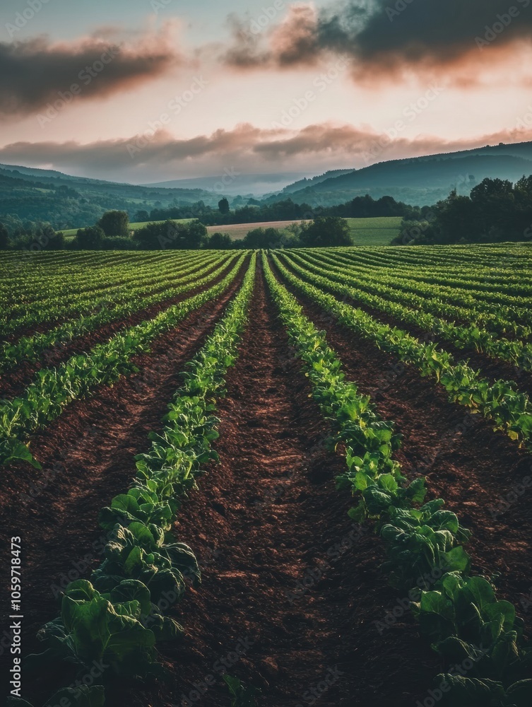 Poster straight rows of vibrant vegetables stretch across a garden as the sun sets behind distant mountains