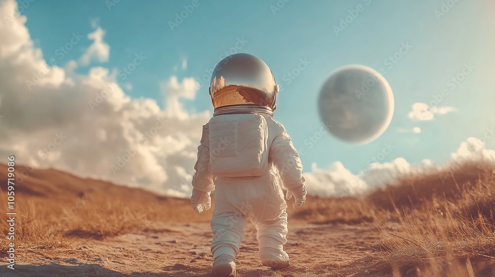 Poster an astronaut in a white spacesuit walks on a dusty path towards a large, round, planet in the sky.