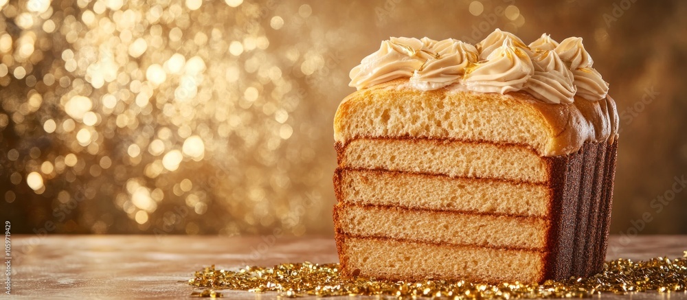 Poster close-up of a delicious layered cake with frosting and sprinkles on a table with a blurry golden bac
