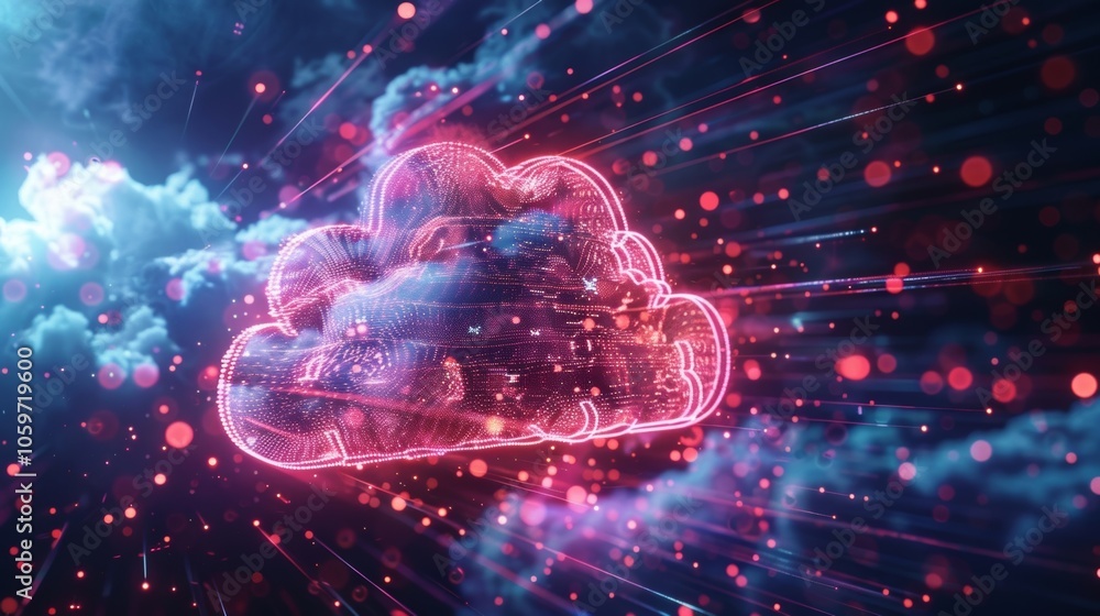 Poster futuristic cloud computing technology transferring data through cyberspace with glowing particles an