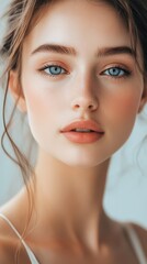 Obraz premium Natural Portrait of a Young Woman with Blue Eyes and Soft Makeup