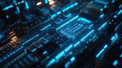 Fototapeta premium Close-up of a circuit board with glowing blue lights.