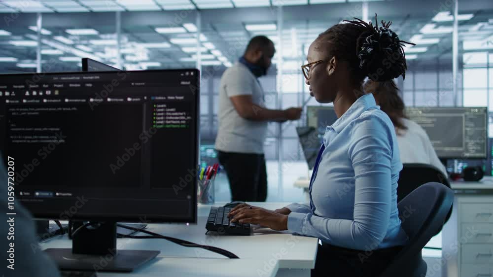 Poster portrait of happy computer scientist programming in ai data center used for machine learning trainin