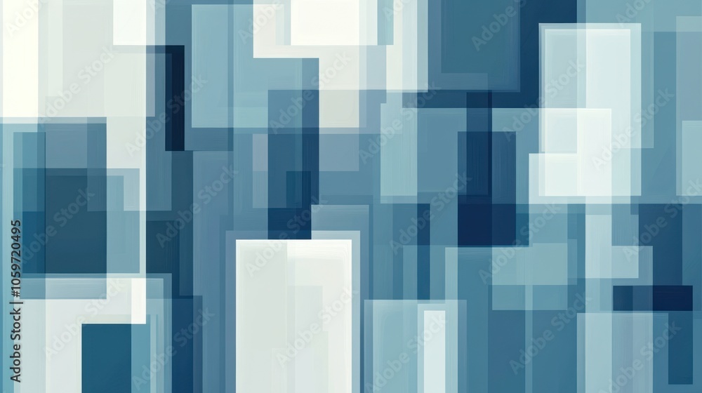 Poster abstract geometric background with overlapping blue and white squares and rectangles.