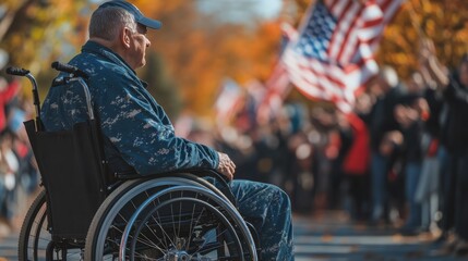 Obraz premium Veteran in Wheelchair at a Patriotic Celebration