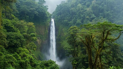 Fototapeta premium Serene Waterfall Cascading Through Lush Green Rainforest
