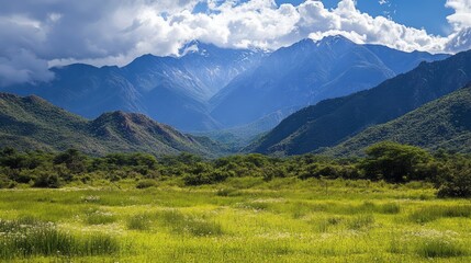 Fototapeta premium Serene Mountain Landscape Under Dramatic Clouds