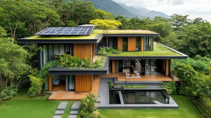 Obraz premium Modern sustainable home with a green roof and solar panels, surrounded by lush greenery.
