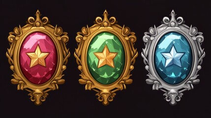 Colorful Gemstone Badges with Stars in Decorative Frames
