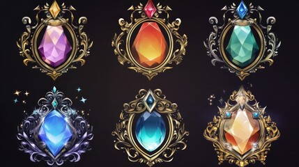 Fototapeta premium Colorful Gemstone Emblems with Ornate Borders