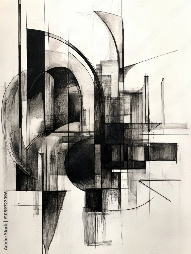 Poster this artwork presents an abstract representation of an urban landscape, emphasizing geometry and hea