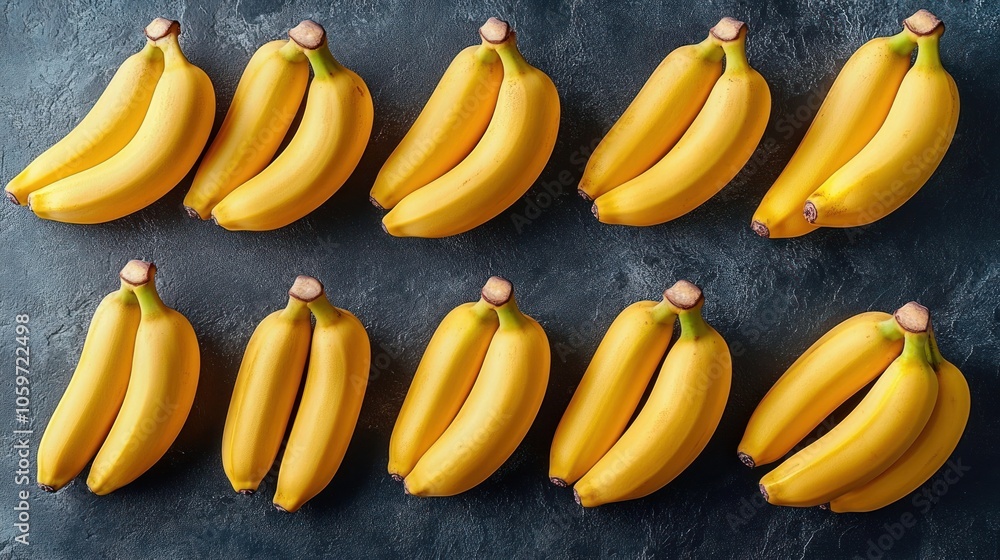 Poster a flat lay of twelve ripe yellow bananas arranged in rows on a dark surface.