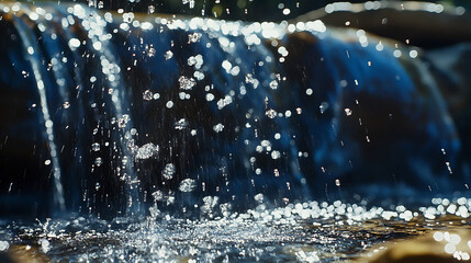 A close-up of water droplets sparkling in the sunlight as they fall from a beautiful summer waterfall into a clear pool below 