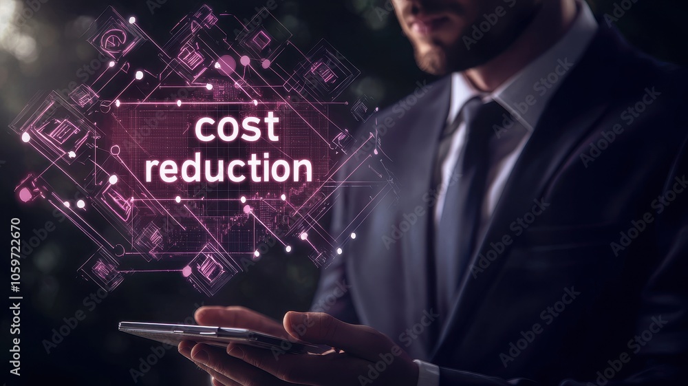 Poster a business professional holds a device, symbolizing digital transformation focused on cost reduction