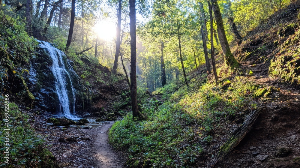 Poster a cascading waterfall in a lush green forest with a pathway leading towards it. sunbeams pierce thro