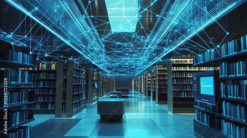 Aufkleber a futuristic library with bookshelves filled with books and a network of glowing blue lines connecti