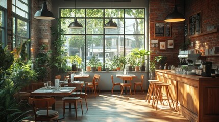 Fototapeta premium A sun-drenched cafe with exposed brick walls, large windows, wooden furniture, and plants.