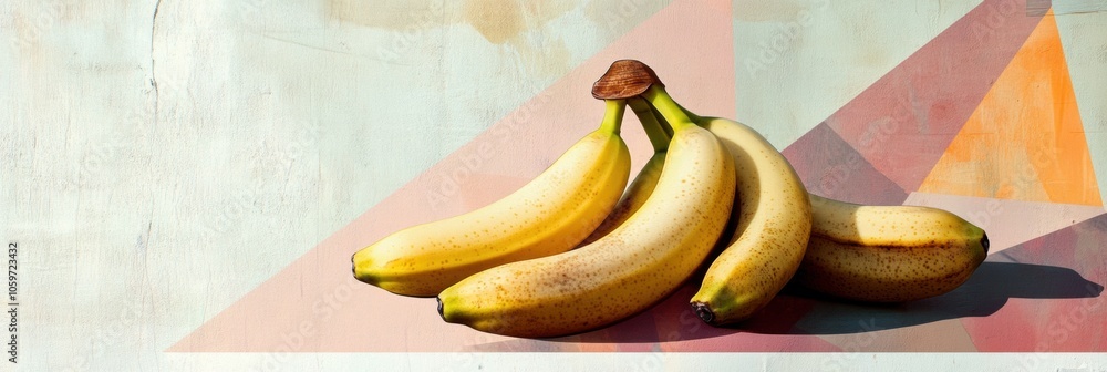Poster ripened bananas are artistically placed on a colorful abstract geometric backdrop, showcasing vibran