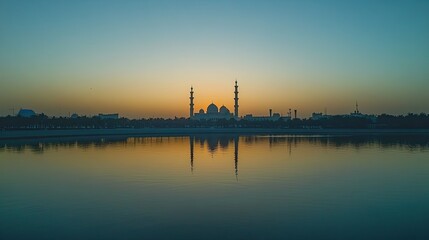 Obraz premium Panoramic view of Sheikh Zayed Mosque at dusk, open copy space