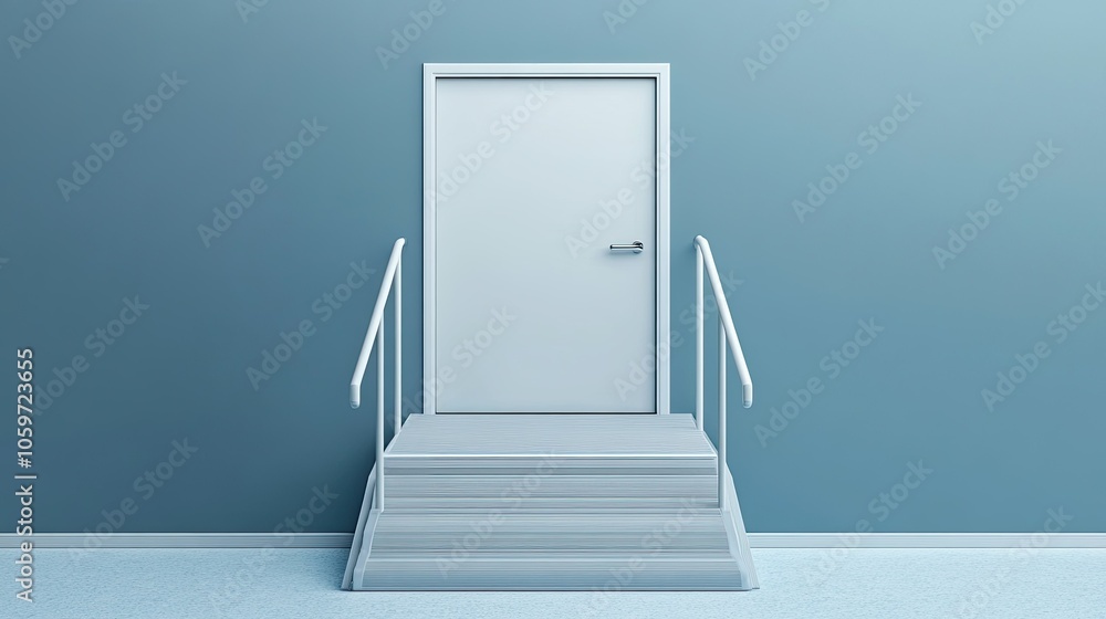 Poster ramp with handrails leading to an open door, symbolizing access and independence, room for text