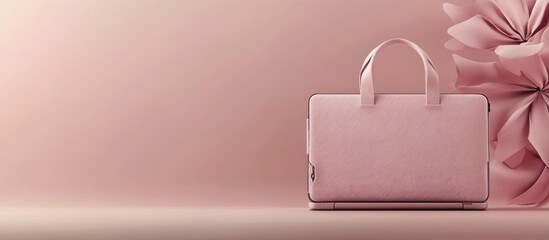 Pink leather handbag in front of an abstract pink background.