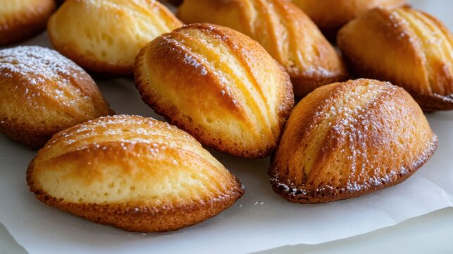 Delicious buttery madeleines with powdered sugar - perfect for spring gatherings and baking inspiration