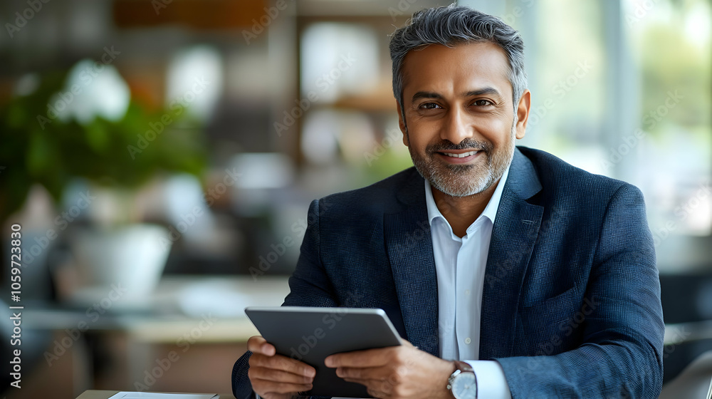Poster smiling businessman using tablet - realistic image