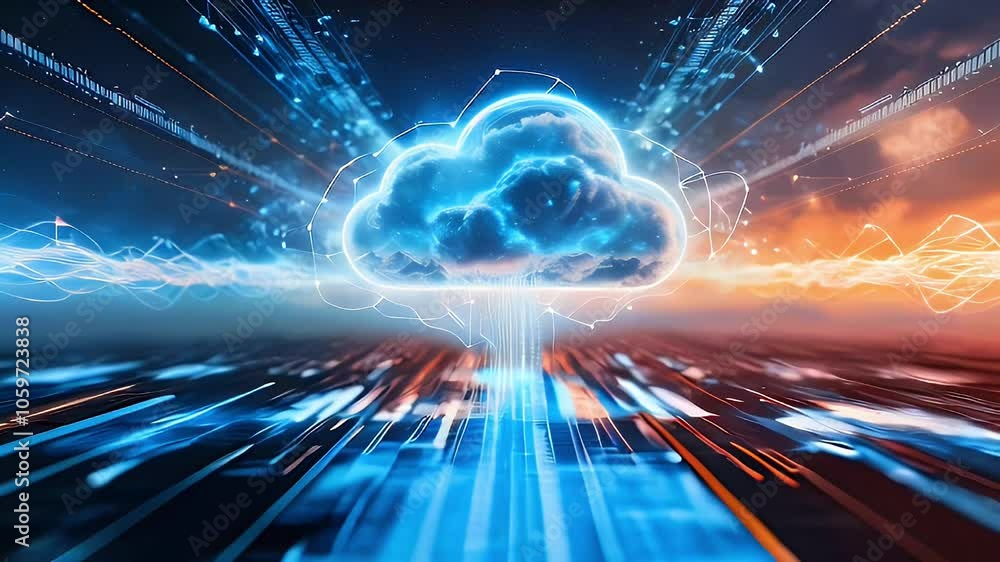 Poster abstract cloud computing concept with glowing blue cloud and digital lines.