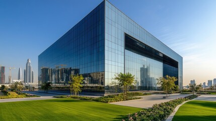 Obraz premium Reflective glass exterior of modern UAE building, space for copy