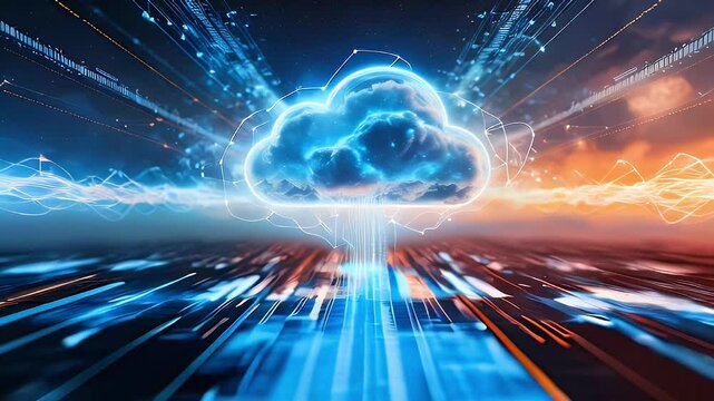 Abstract cloud computing concept with glowing blue cloud and digital lines.