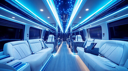Fototapeta premium Luxurious Interior of VIP Bus with Ambient Blue LED Lighting, Comfortable Leather Seating, and Modern Amenities for High-End Travel and Exclusive Transportation Experience