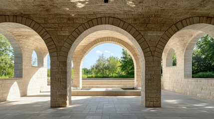 Obraz premium Romanesque stone structure with rounded arches, textured stone walls, large sky area