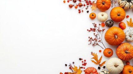 Obraz premium Autumn Harvest Decor with Pumpkins and Berries on White Background