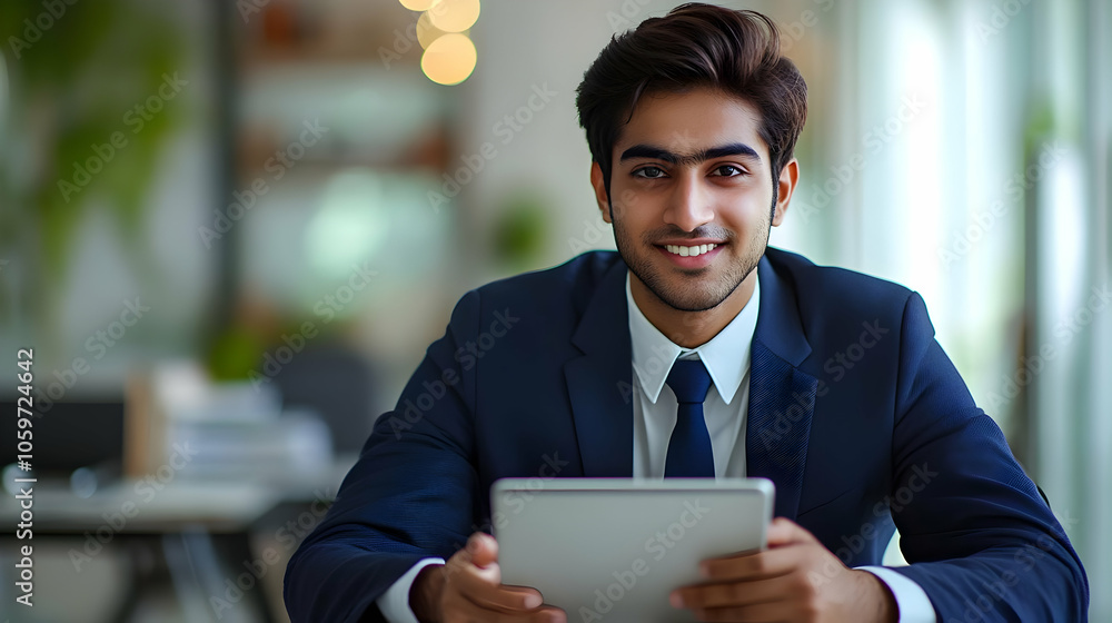 Poster smiling businessman using tablet in office - realistic image