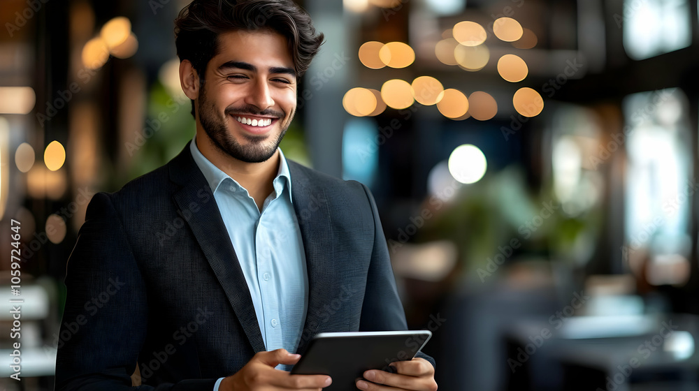 Poster smiling man in suit using tablet - realistic image