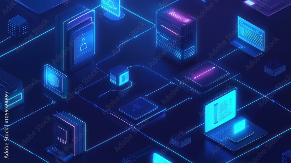 Aufkleber isometric illustration of a network of devices and applications interconnected by glowing lines.