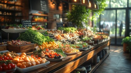 Obraz premium A well-stocked buffet table with a variety of fresh fruits, vegetables, and salads in a modern restaurant.