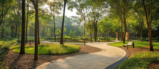 Obraz premium A winding stone pathway through a lush green park with tall trees and benches.